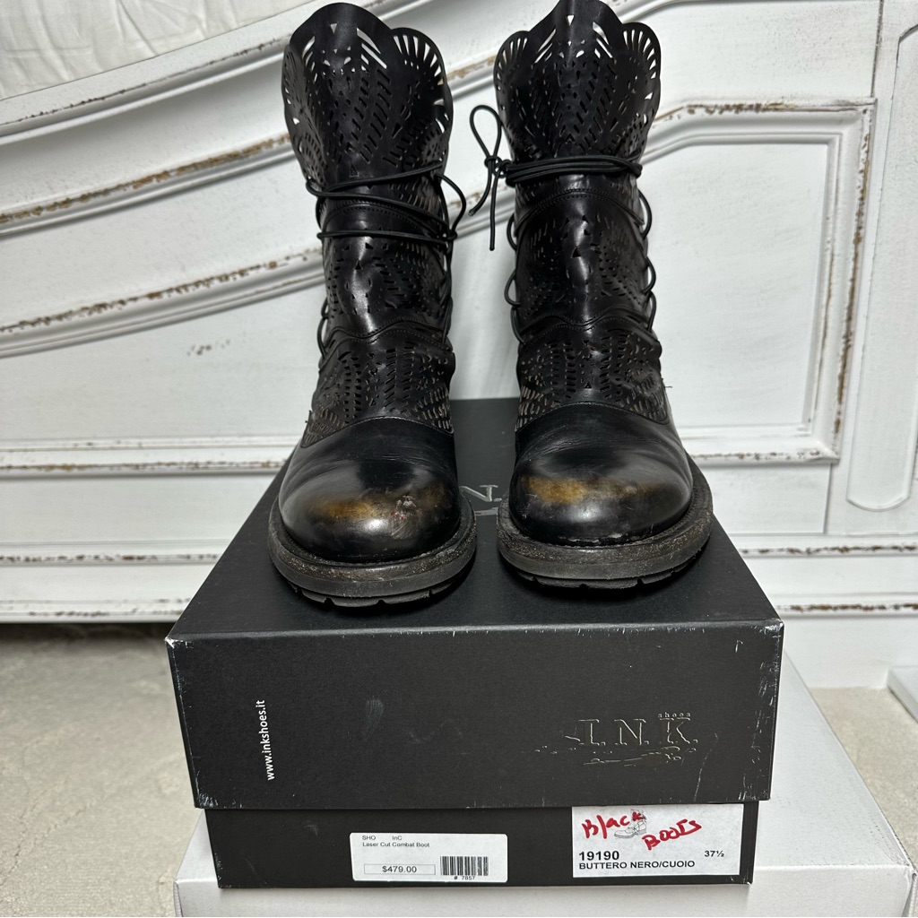 I.N.K. Women’s Italian Leather Laser Cut Combat Boots. Italian Shoe Size 37.5